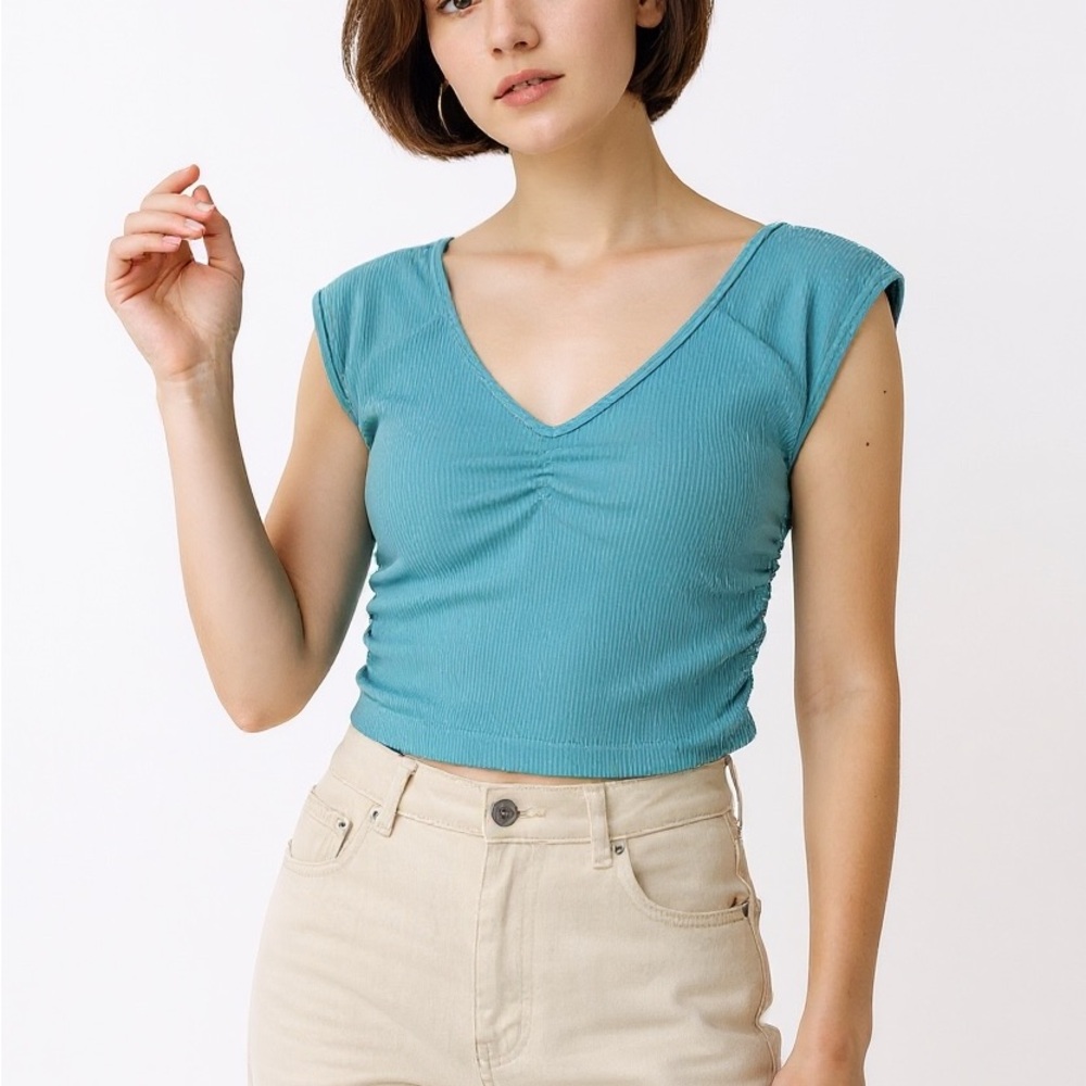 NEW BP Teal Ribbed Ruched Crop Top Size S M Baby Tee Y2K